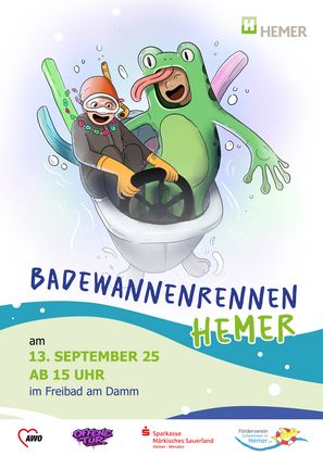 Das Badewannenrennen wird organisiert mit Unterstützung der AWO Offene Tür, dem Förderverein Schwimmen in Hemer e.V. und dem Hauptsponsor Sparkasse Hemer – Menden. 