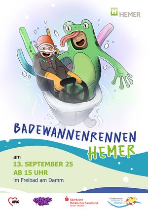 Das Badewannenrennen wird organisiert mit Unterstützung der AWO Offene Tür, dem Förderverein Schwimmen in Hemer e.V. und dem Hauptsponsor Sparkasse Hemer – Menden. 
