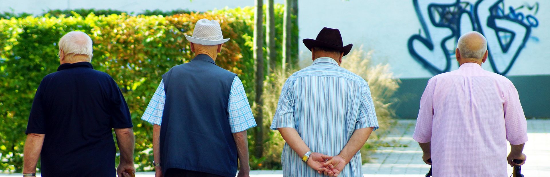Vier Rentner spazieren nebeneinander, Rückenansicht.