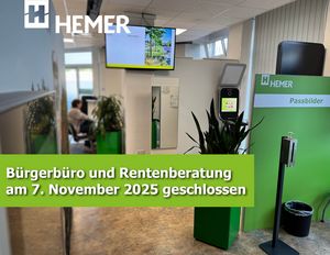 Aufgrund eines nachgeholten Betriebsausflugs bleiben das Bürgerbüro und die Rentenberatung der Stadt Hemer am Freitag, 7. November 2025, geschlossen